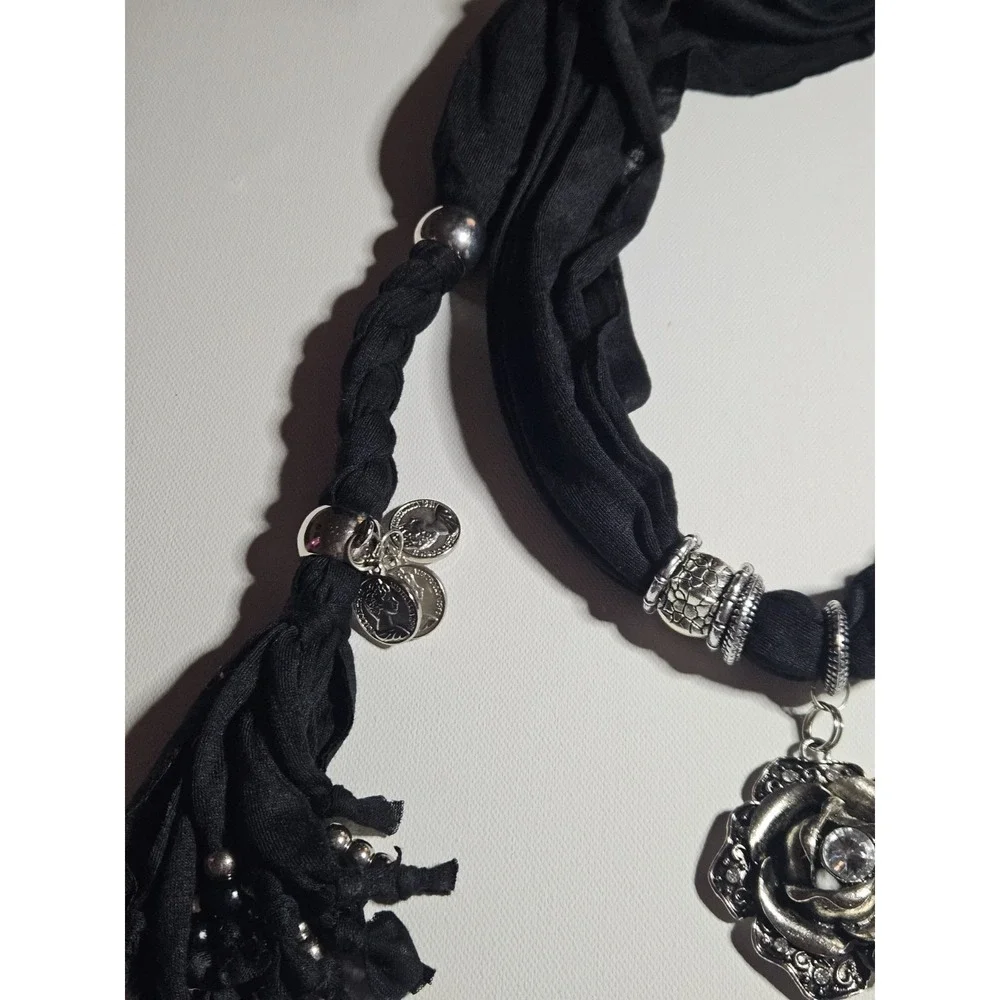Women's Black Scarf Necklace Silver Tone Rose Pendant Coin Charms Boho Tassel